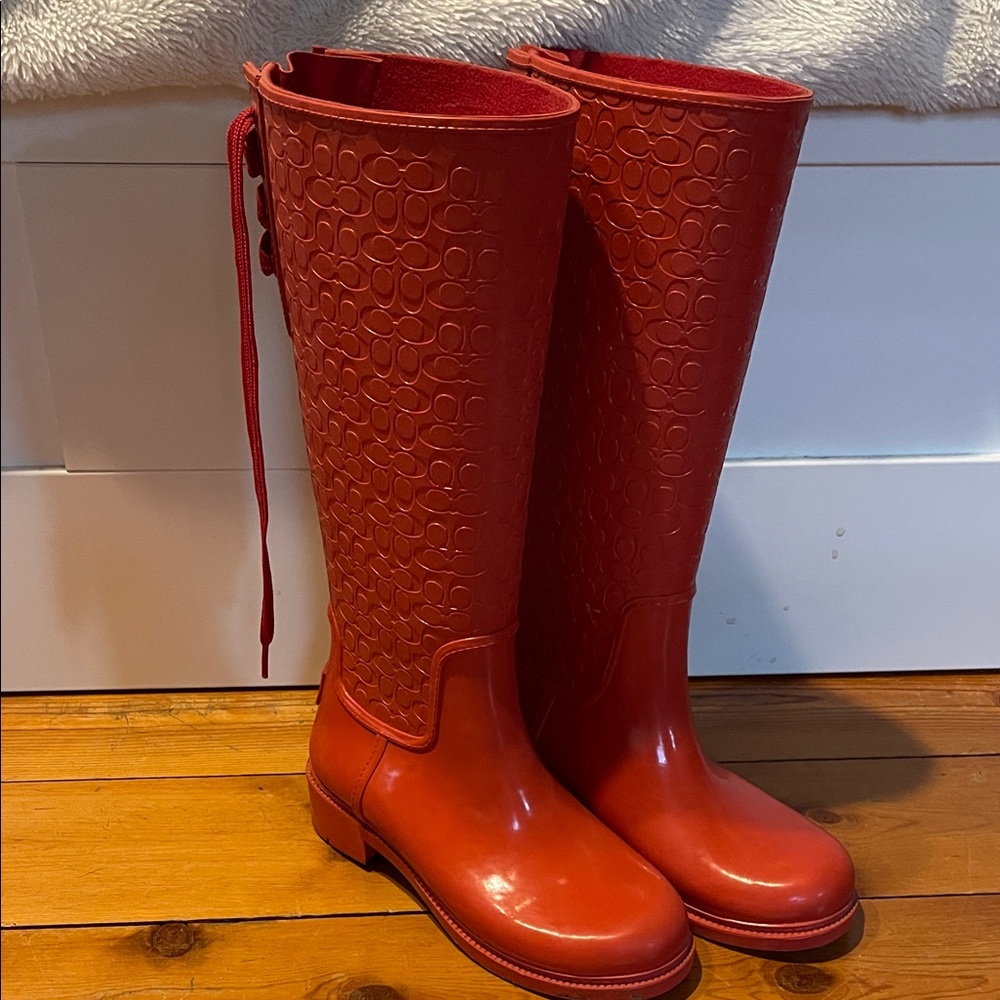 Coach Red Embossed Knee-High Boots
